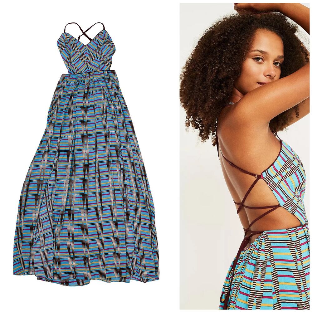 Urban Outfitters Gia Boho Maxi Dress XS Blue Open Back Flowy Festival Vacation